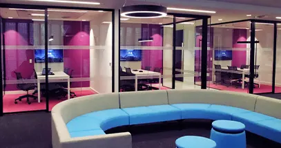 SSE & CO joined forces with Solotech corporate av integration pink offices blue couch conference rooms